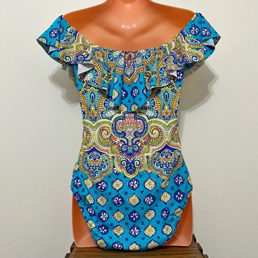 Like New Trina Turk Off Shoulder Ruffle Bandeau One Piece Swimsuit Resortwear